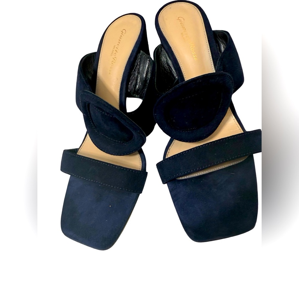 Gianvito Rossi Navy Suede Mules Square Toe Block Heel Slides Size 39